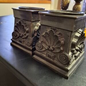Vintage Neoclassical Shell Pillar Candle Holders Set of 2 Bronze Pedestal Base